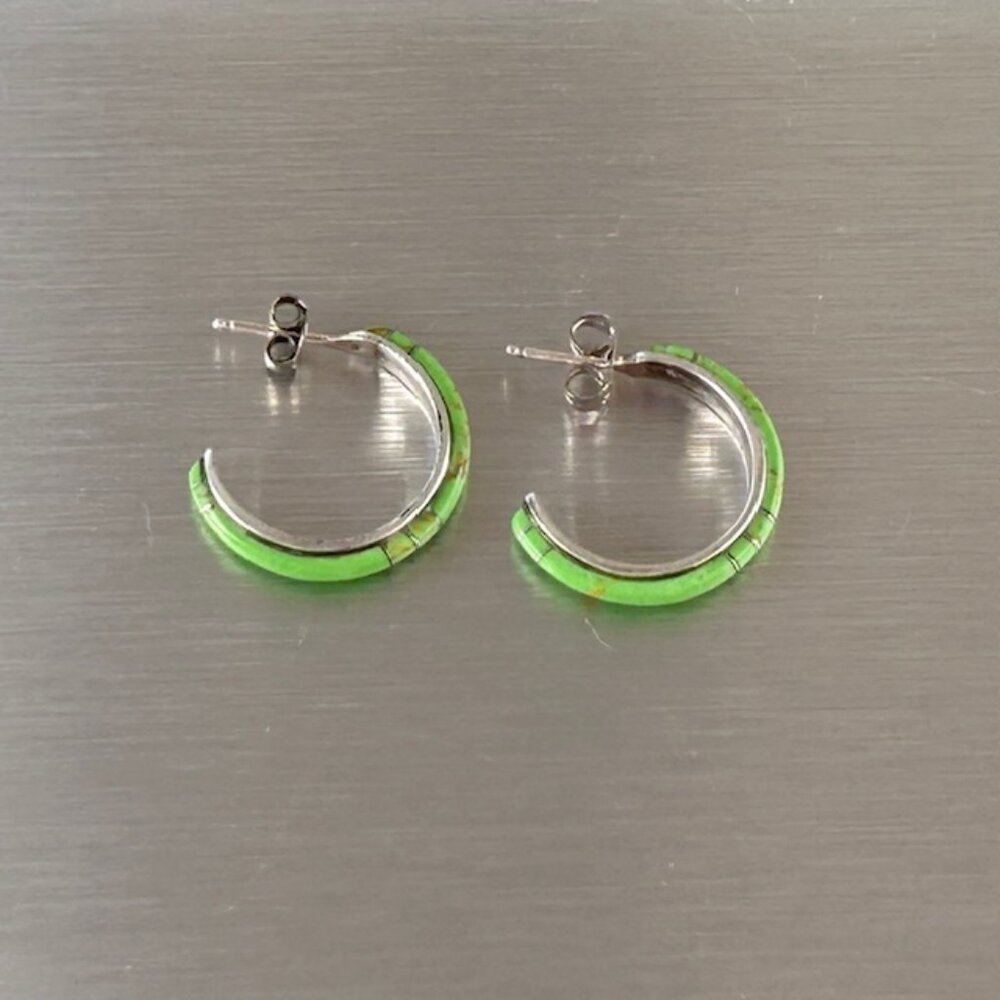 Dainty Gaspeite Inlay Hoop Earrings in Sterling Silver Setting